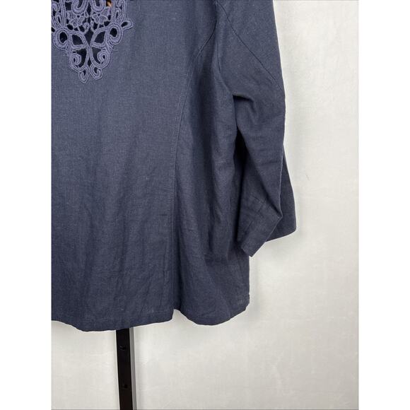 Susan Graver Linen Blend Blazer Jacket XL Navy Blue Crochet Detail Boho Classic - Picture 8 of 12